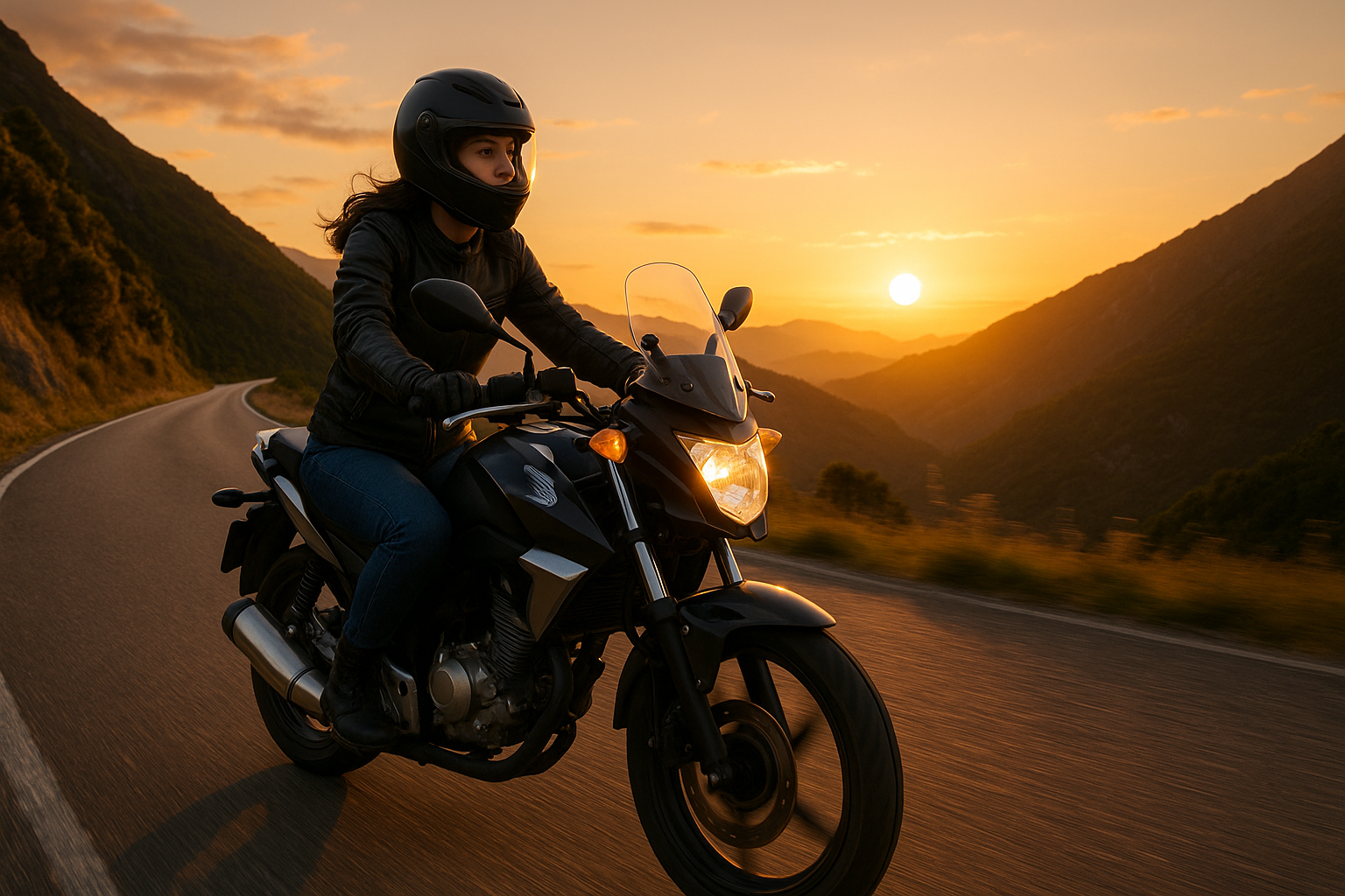 Mujer conduciendo moto de 125cc por carretera de montaña