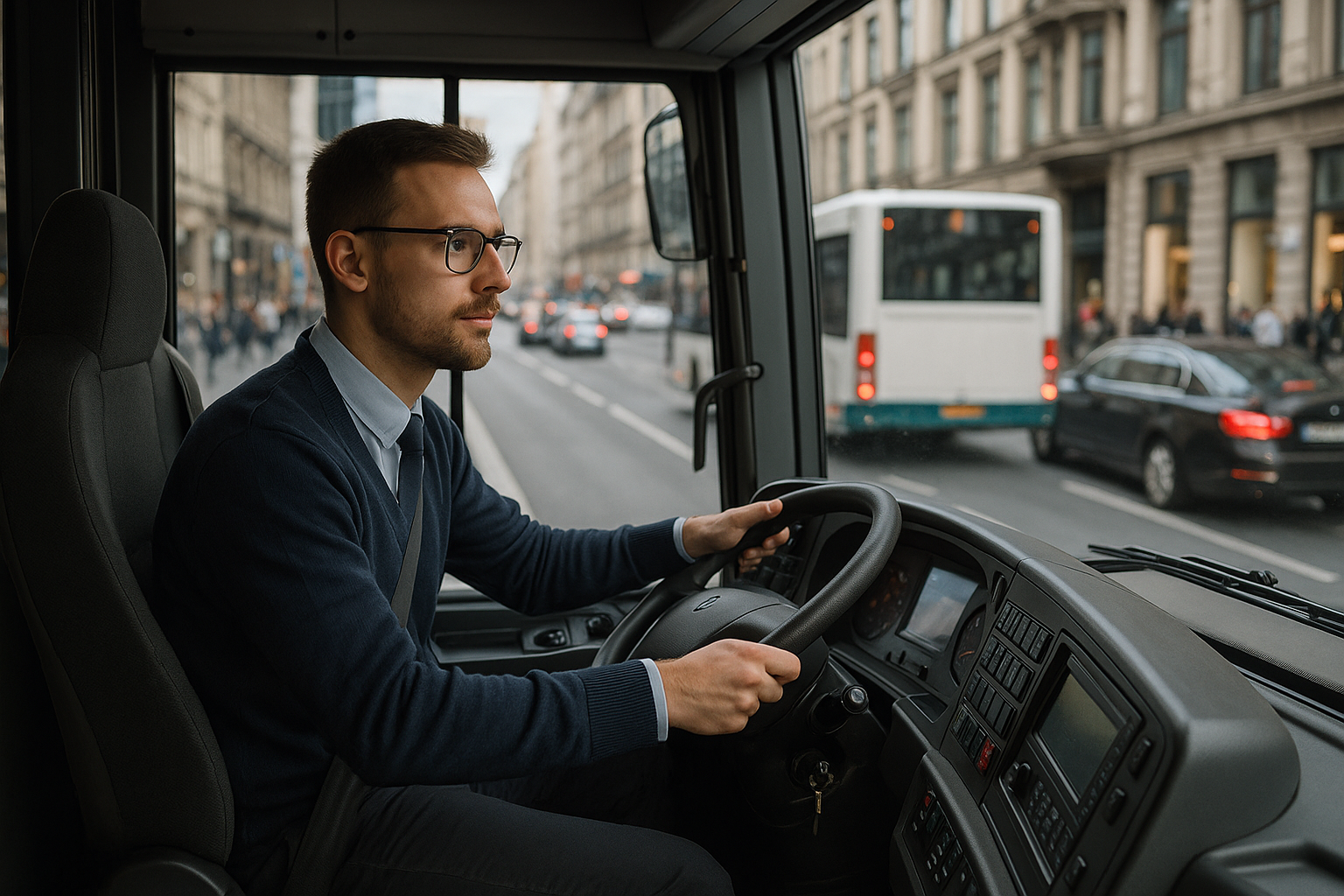 Hombre conduciendo un autobús de 8 pasajeros en la ciudad